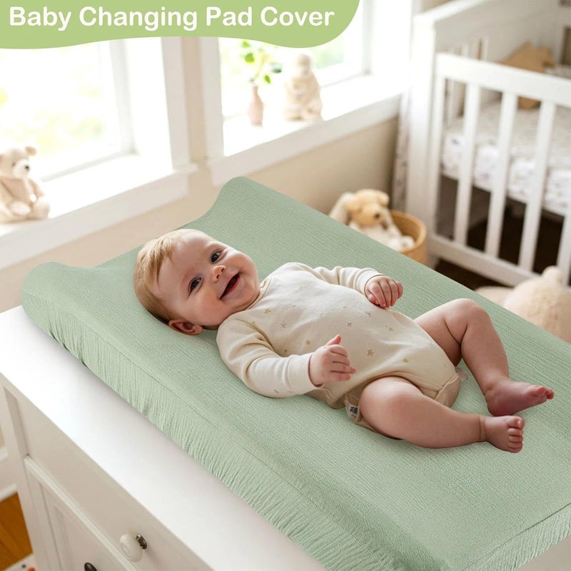 Basumee Muslin Changing Pad Cover Waterproof 2 Pack Baby Changing Table Covers for Boys and Girls Soft Breathable Nursery Diaper Change Table Cover Pad Fits 32"x16", Beige and Green - Image 4